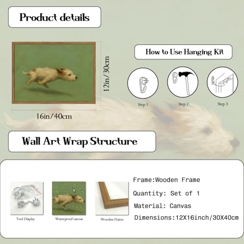 Funny Dog with Zoomies Wall Art Cute Terrier Dog Running Wall Decor Picture Vintage Animal Poster Canvas Painting Print Cute Pet Artwork for Living Room Bedroom 12x16 inch Wood Framed - color: Animal -Q, size: 16"L x 12"W