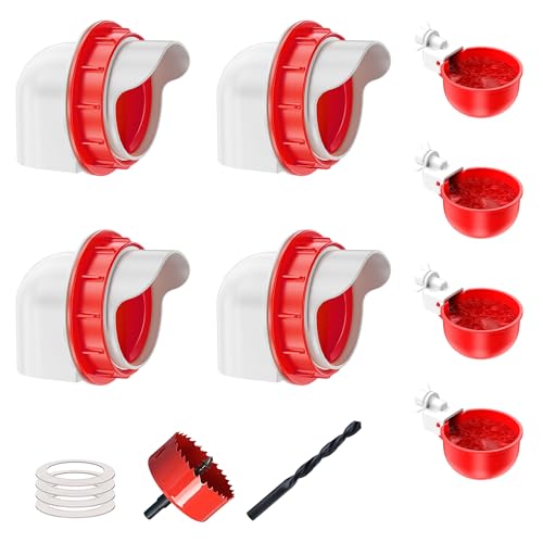 ZenxyHoC No Waste Chicken Feeders and Waterers - 4 Set with Water Cups | for Buckets Barrels Bins Troughs No Waste Chicken Feeder - size: 4 Ports and 4 Cups