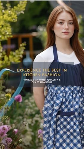 Lovely Flower Pattern Retro Aprons With Large Pockets for Women Girls Cooking Kitchen Bakery Mother's Gift - color: Blue Plaid