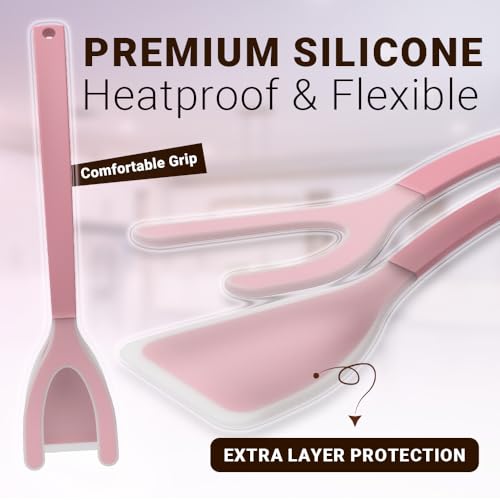 Silicone Egg Flipper Spatula Tongs (Set of 1) – Non-Stick 2-in-1 Grip & Flip Kitchen Tongs for Pancakes, Fish, Eggs, and More – Heat Resistant Cooking Tool (Pink) - color: Pink
