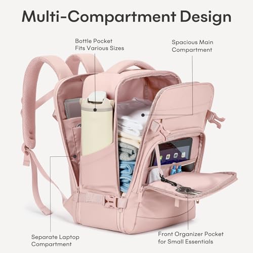 40L Travel Backpack for Women & Men: Flight Approved Carry On Backpack, TSA Personal Item Bag with Water Bottle Pocket, Weekender Essentials Backpacks fits 17" Laptop - Pink - color: Pink, size: X-Large
