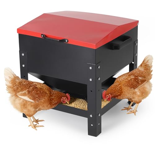 Metal Chicken Feeding Box, 80 lbs Large Capacity, Portable Feeder, Red | Galvanized Steel, Waterproof Lid, No Waste Automatic Poultry Feeder for Ducks, Hens and Roosters, Standing for Chicken Coop