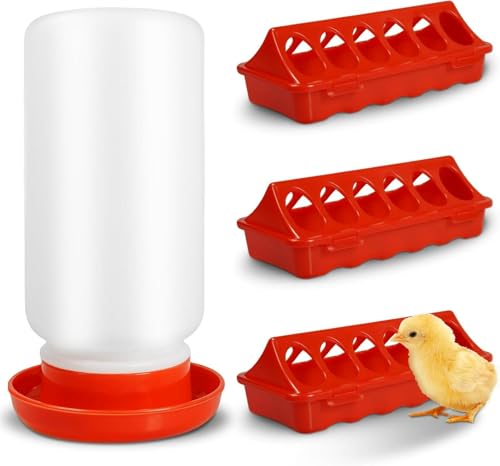 4Pcs Chick Feeder and Waterer Kit, 3×12-Hole Anti-Spill Trough Feeders & 1 Automatic Waterer, Baby Chick Starter Kit for Chicks Ducklings Quail & Small Poultry