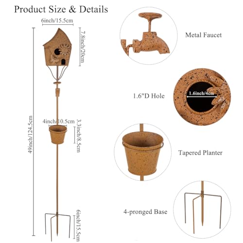 49" Bird Houses for Outside with Pole, Outdoor Metal Birdhouse with Tapered Bucket for Patio, Yard, Garden, Rust-Colored - style: Cottage(Rust-colored)