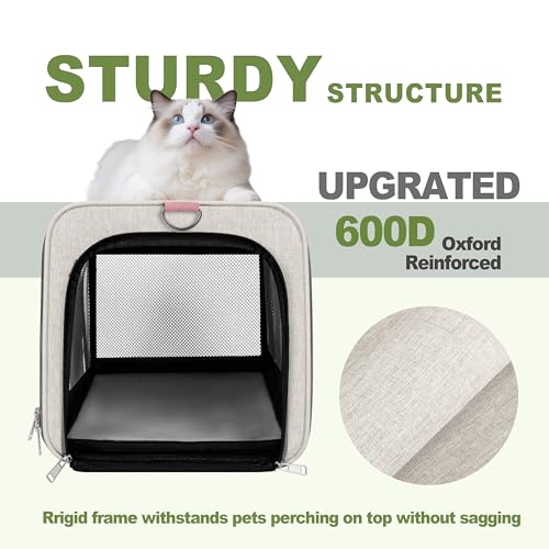 GAPZER Cat Carrier American Airline Approved 18x11x11,Top Opening Pet Cage | Mini Dog Foldable Soft Carrying Bag, Bichon Crate Kennel Breathable Case Hard Bottom, 4-Side-Ventilation See Through Mesh Bag - color: Beige
