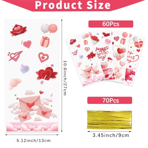 QOIUSO Valentines Goodie Bags, 60Pcs Valentines Treat Bags for Candy Goody Snacks Gifts Packing, Valentines Day Cellophane Bags With 70Pcs Twist Ties for Kids Classroom Party Favors - 4 Lovely Style - color: Valentines-60pcs