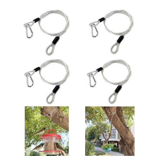 4 Pcs 59 Inch Premium Metal Planter Hangers，Bird Feeder Cable for Tree with Carabiner Clip，Bird House Hanging Hook and Chain Wire for Bird Feeders and Birdhouses，Baths，Baskets，Suet，Outdoor Camping
