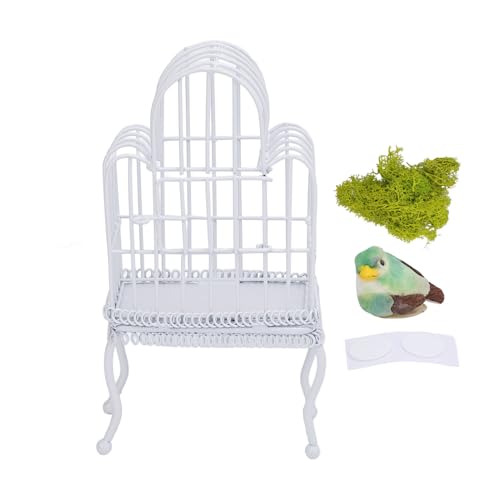 Dollhouse Bird Cage 1:12 Scale Metal Miniature Bird Cage, Realistic Opening Door, Miniature Dollhouse Bird Cage with Artificial Grass Bird Sticker (White)
