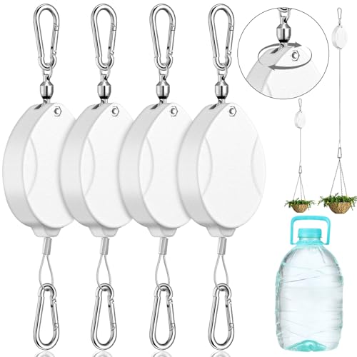 Leinuosen 4 Pack Upgraded Plant Pulleys for Hanging Plants Heavy Duty Retractable Plant Hanger, 304 Stainless Steel Rope Adjustable Climbing Hook for Garden Baskets Pots, Birds Feeder (White) - color: White