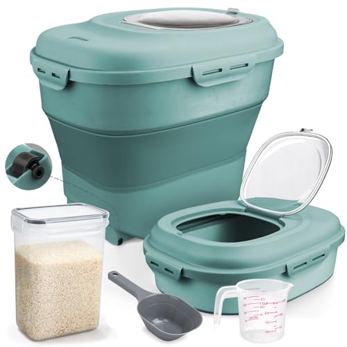 Rice Storage Bin Cereal Containers, 13-50lb Collapsible Rice Container Dispenser with Transparent Lid, Rolling Wheels, Measuring Cup and Scoop, Airtight Dog Cat Pet Food Storage Container Green - color: Green