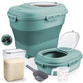 Rice Storage Bin Cereal Containers, 13-50lb Collapsible Rice Container Dispenser with Transparent Lid, Rolling Wheels, Measuring Cup and Scoop, Airtight Dog Cat Pet Food Storage Container Green - color: Green
