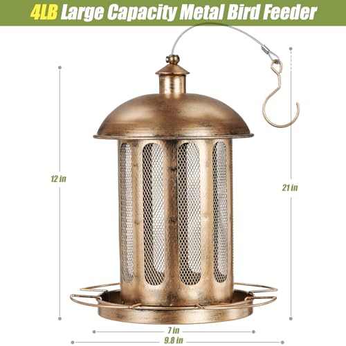 Bird Feeder, 4LB Large Capacity Bird Feeders for Outdoor Hanging | Heavy Duty Metal, 4 Perches, With Drain Holes, Wild Birdfeeder, For Outside Garden Yard Decor, Retro Lantern Shape - color: Brown