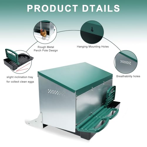 Chicken Nesting Box, 3 Holes Nesting Boxes, Heavy Duty Metal Laying Boxes, Roll Away Nesting Box Egg Collection Tray, with Roosting Pole for Chicken Coop(Green) - size: 3 Holes