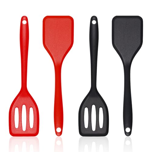 Small Silicone Serving Spatula Set of 4 for Egg, Steak(Black, Red) | Non-stick, Non-Scratch, Flexible, Easy to Clean - color: Black, Red