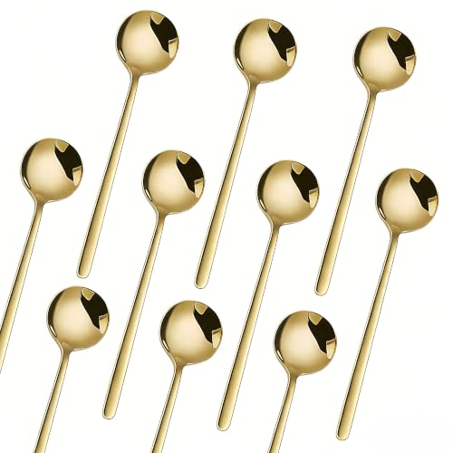 Long-handled Mirror-Finish Small Round Stainless Steel Spoon, Suitable for Scooping Bird's Nest, Honey, Coffee, Milk Powder, Sugar, Cocoa Powder and Other Foods & Desserts (10pcs 5.1", Gold-Plated) - size: 5.1in, style: 10Pcs Gold-Plated