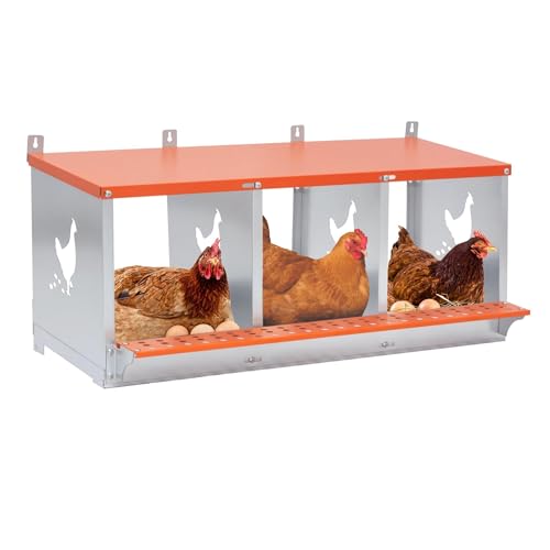 3 Bay Metal Nesting Box, Orange Wall Mount Chicken Nest for Hens & Ducks, Heavy Duty Galvanized Steel with Hen-Shaped Vents & Coconut Fiber Pad, Easy Tool-Free Assembly (Orange/Silver) - size: 31.8"L x 17.0"W x 15.0"H