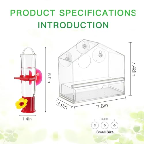 Window Bird Feeder with Hummingbird Waterer（2-Piece Set） - Extra-Large Window for Offer Easy Food & Water Access, Super-Strong Suction Cup, Easy Install & Clean, Sturdy Durable Outdoor Use - size: 2-piece set