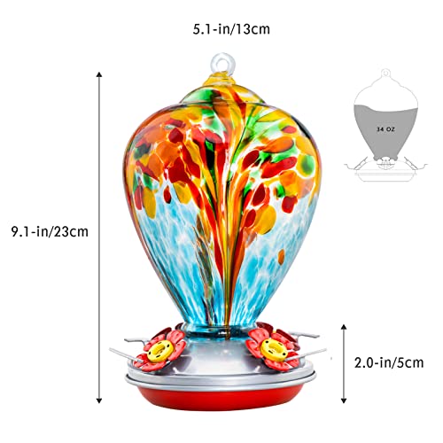 Hummingbird Feeder, 34OZ Hand Blown Glass Hummingbird Feeders for Outdoors Hanging, 4 Feeding Perch with Ant Moat Leakproof, Garden Yard Decor Gifts for Women Mom (Holiday Balloon) | Decorative Self Hanging Nectar Bird Feeder for Hummingbirds, Garden Pati