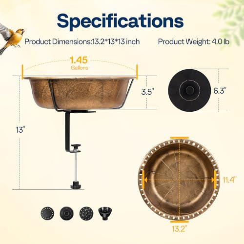 VIVOHOME Deck-Mounted Bird Bath with Solar Fountain, 13-Inch Bowl, Copper | Solar-Powered Pump, Weather-Resistant ABS, Adjustable Metal Clamp, for Railing/Fence/Balcony, Bird-Friendly, Easy to Clean - color: Copper, size: Birdbath with Fountain