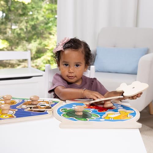 Melissa & Doug Wooden Jumbo Peg Puzzle 2-Pack – Fish Bowl, House Pets, 3-Piece for Toddlers Boys and Girls, Ages 1+ Years