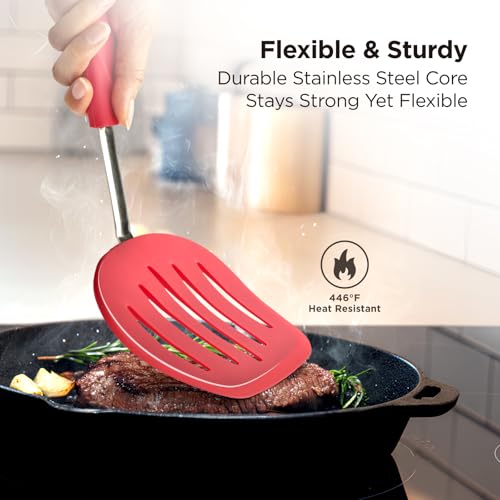 Kitchen Mama WaltzGrip Platinum Silicone Pancake Spatula Turner, Red | Heat-Resistant, Slotted Tapered Head, Stainless Steel Core, Durable and Dishwasher-Safe, For Flipping and Wok Use - color: Red