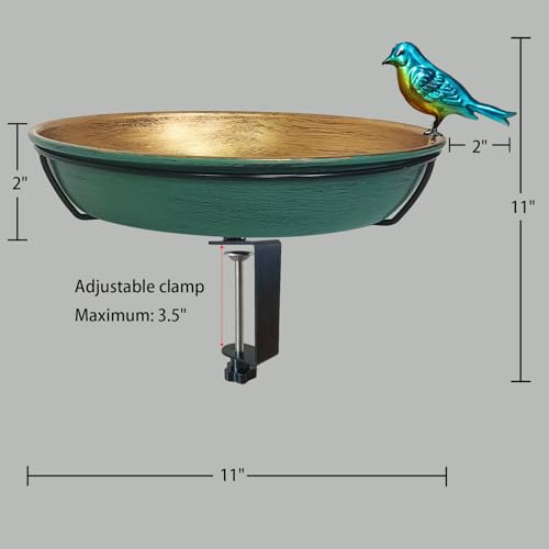 Deck Bird Bath for Outdoors, 11" Green/Bronze Metal Birdbath Bowl with Big Steel Clamp Backyard Birdbath&Bird Feeder for Railing Balcony Fence Yard Art Garden Decor - color: Green/Bronze