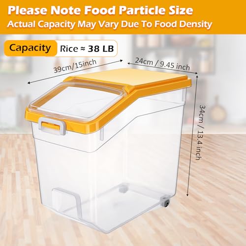 4 Pcs Rice Storage Container 38 lb Flour Container with Wheels Measuring Cup Clear Pet Food Bin Dog Bird Cat Food Bin Grain Cereal Organizer Box for Dry Baking Supplies(Yellow Lid) - color: Yellow Lid, size: 38 lb