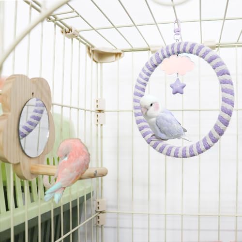 WishLotus Bird Swing and Standing Toys, Climbing Bird Toys Perch and Flower Mirror Standing for Budgerigar, Cockatiel, Monk Parakeet, Canary - color: Purple