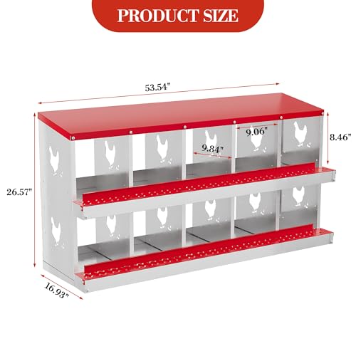 10-Hole Chicken Nesting Box, Rustproof Galvanized Steel Roll-Out Egg Collection with Vented Design, Laying Box for Hens, Poultry Coop Accessories for Egg Layers - color: red, size: 53.5"L x 16.9"W x 26.6"H
