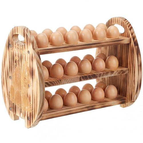 Egg Holder Countertop, 3 Tier /36 Hole Wooden Fresh Egg Storage Holder, Wood Collecting Tray Racks Engraved Farm Panel Rustic Farmhouse Organizer with Handle for Kitchen Easter Display Store
