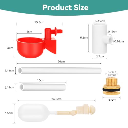Complete Set Pipeline Automatic Chicken Waterer System, Pipe Chicken Waterer with Water Cups Removable and Washable, Poultry Watering System for Chick Duck Quail (Red, 10 Cup)