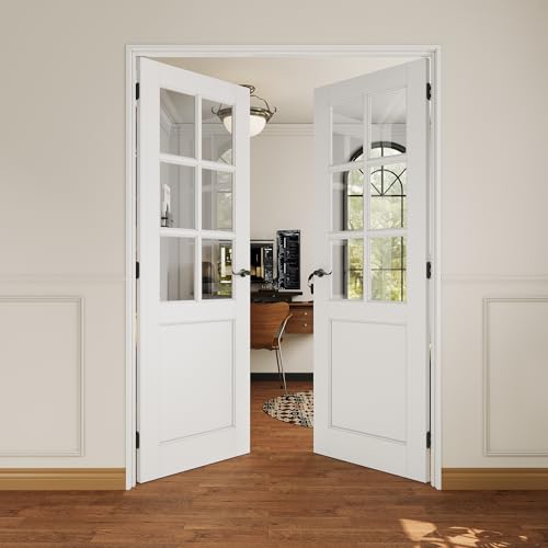 48x80 Interior French Door,6-Lite Clear Glass Doors,Living Room Doors | Matte Black Hardware-Privacy Door Lever with Lock, Latch&Hinges, Solid Core,Tempered Glass,No PreDrill,Jamb Assembly Required - color: 6 Lite, Black Hinges, size: 48x80 for 50x82 open