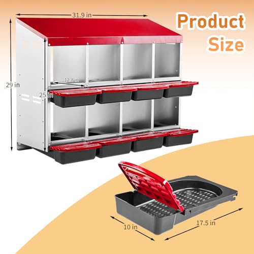 Outvita Two-Tier Chicken Nesting Box Red 8 Compartments | Metal Egg Laying Box with Rollout Egg Collection & Swing Perch for Backyard Chicken - color: Red, size: 44.6"L x 20.5"W x 31.1"H