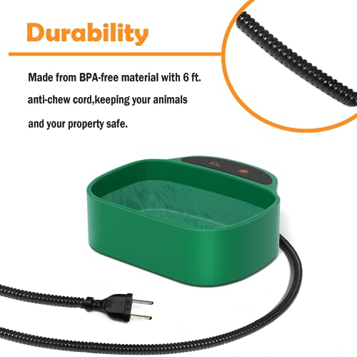 Heated Water Bowl With Chew-Proof Cord - 85-Ounce Outdoor Thermal Bowl for Dog, Cat, Chicken - 35-Watt, Green