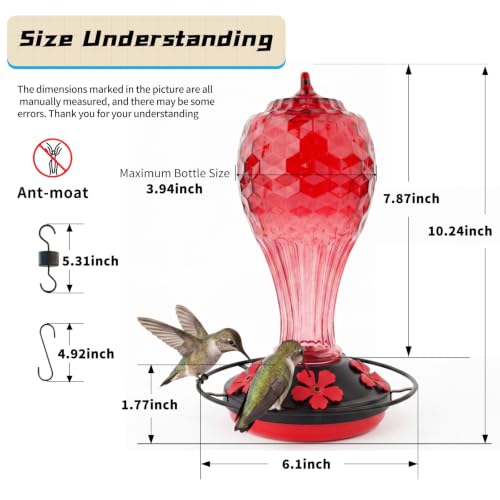 Hummingbird Feeder Colorful Blown Glass Outdoor Hummingbird Feeder with Ant Moat and 5 Feeding Ports for Outdoors Hanging Garden Decor, Bird Lovers (Red-3) - color: Red