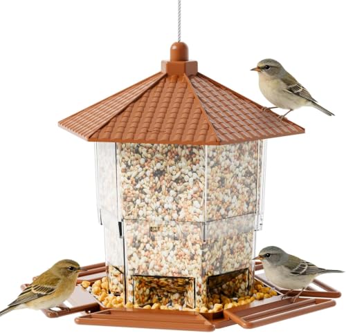 Hanging Bird Feeder for Outdoors,Large Hopper Squirrel Proof Birdfeeder for Cedar,Red,Cardinal,Blue Jay and Wild Birds,Easy to Feel Birdhouse & Bird Seed Feeder & Gazebo for Outside,Tree,Brown - color: Brown