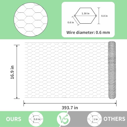 Chicken Wire 16.9 in x 393.7 in Poultry Wire Netting Hexagonal Galvanized Mesh Garden Fence Barrier for Pet Rabbit Chicken Fencing with 100 Pcs Cable Zip Ties - color: Silver, size: 16.9"x393.7"+100Ties