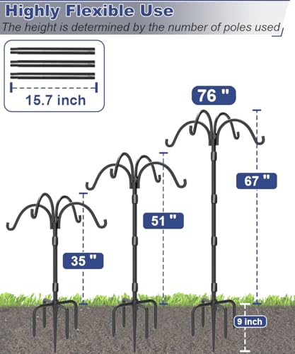 Upgrade 4-Hook Shepherds Hooks for Outdoor with Plastic Tube, 76" Heavy Duty Bird Feeder Pole with 5 Prongs Base, Adjustable Garden Hook for Solar Light, Hanging Plant, Wedding Decor, 2 Pack