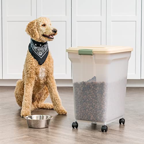 IRIS USA Dog Food Storage Container, Up to 58 lbs, Almond, Made in USA | Wheels for Mobility, Airtight Seal, BPA-Free, Best for Bird Seed, Cat food, Cat Litter, Chicken Feed, Pellets - color: Almond, size: 58 lbs