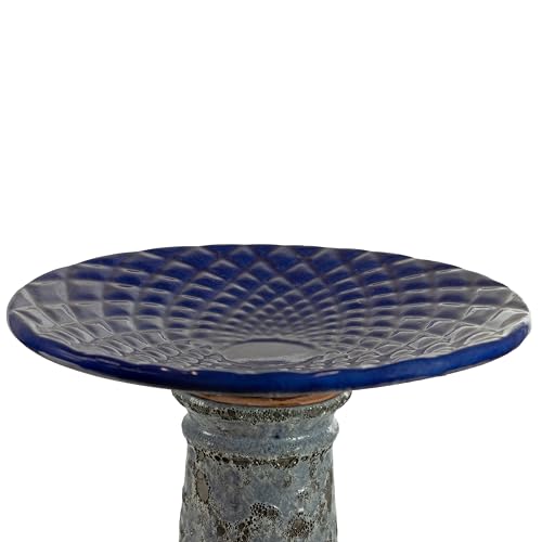 Sunnydaze Outdoor Ceramic Bird Bath, 22.5” H, Glazed Bowl, Blue Lava Finish | 2-Piece Birdbath, 6 Cup Water Capacity, UV & Frost-Resistant, Easy Assembly, Shallow Bird Bath Bowl with Pedestal for Garden - style: Blue Glazed with Lava Distressed Pedestal