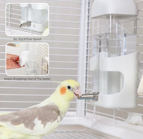 No-Mess Bird Feeder & Waterer Set for Cage, 300ml Auto Feeder with Seed Hull Catcher & 400ml Stainless Steel No-Backflow Drinker, for Cockatiels Conures Parakeets