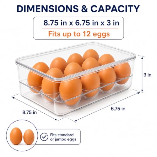 Dependable Industries inc. Essentials Stackable Plastic Egg Holder for Refrigerator with Lid – Clear 12 Count Fridge Egg Container, BPA Free Egg Storage Organizer Bin