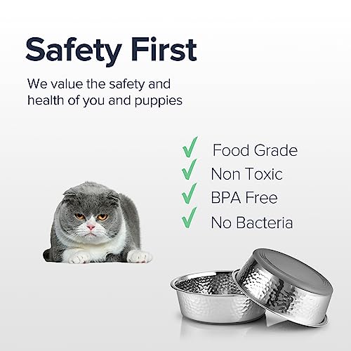 URBUDDIES 2 Pack Hammered Stainless Steel Cat Bowls,2 Cup, Gray Bottom | Premium Metal Cat Bowls with Non Slip Rubber Bottom, Dishwasher Safe, Easy to Clean - size: 2-Cup