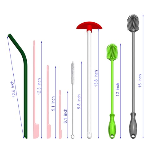 10-Piece Silicone Cleaning Kit, 2 Bottle Brushes, 2 Cleaning Scrapers, 3 Jar Spatula Scrapers, 2 Reusable Silicone Straws & 1 Straw Brush, Multicolor Assorted Sizes for Bottles, Cups, Jars & Kitchen