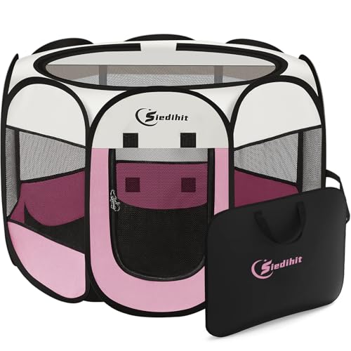 Sieidihit Dog Cat Pet Playpen Puppy Crate Cage Indoor Outdoor, Medium Pink | Nursing Rest Zone Recovering Pet Quarantine Room Portable Pop Up Easy to Set up lightweight Carrying Bag Wide applicability - color: Pink