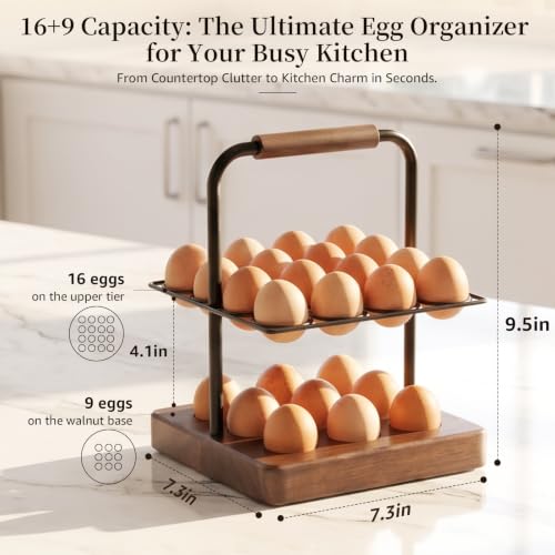 Farmhouse Wooden Egg Holder Countertop, 2-Tier Walnut Wood & Metal Egg Rack with Handles for 25 Fresh Eggs, Rustic Egg Tray Organizer for Kitchen Counter, Holds Eggs Farm Fresh Storage