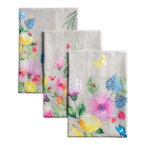 Maison d' Hermine Kitchen Towels Set of 3 Reusable 100% Cotton 27.50" x 20" | Cloth Tea Dish Towels Absorbent with Hanging Loop for Kitchen Dining Wedding Hotel Home Spring Summer - Jardin D'Ete - Fog - color: 047 - Jardin D'ete - Fog
