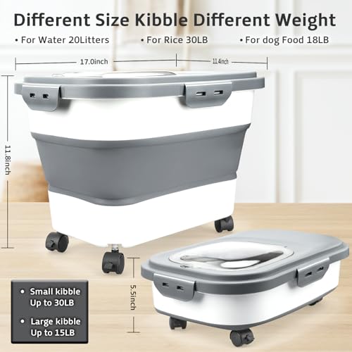 Rice Storage Containers, Collapsible 20 to 30Lbs Food Storage Bin Dispenser with Rolling Wheel and Clear Airtight Lid, BPA Free Flour, Sugar, Cereal and Dog Cat Pet food Containers - color: White