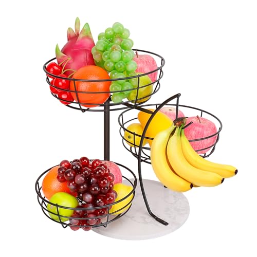 Livabber Fruit Basket Bowl with Banana Hanger, Metal Fruit Vegetable Storage Basket with Banana Holder for Kitchen Counter, Detachable Organizer for Bread Snack Produce (Black, 3-Tier Marble Base) - color: Black, style: 3-Tier Marble Base