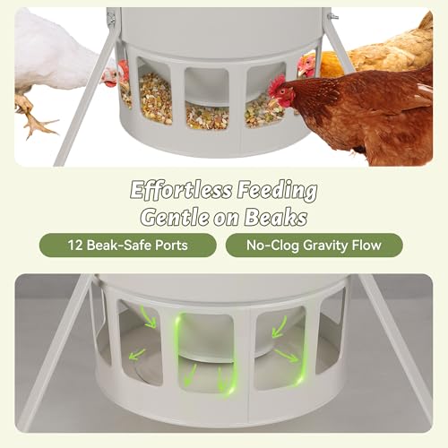 KOL Metal Chicken Feeder - 20lbs No Waste Chicken Feeder with 12 Ports, Powder Coated Rust-Proof Design & Smooth Edges for Safe Feeding (Jade White) - color: Jade White